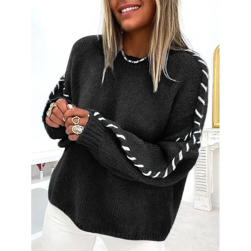 CREW-NECK THREAD DESIGN PULLOVER SWEATER: BLUE / (S) 1