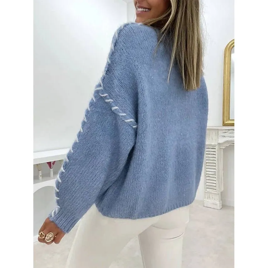 CREW-NECK THREAD DESIGN PULLOVER SWEATER: BLUE / (S) 1