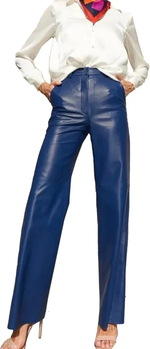 ECDAHICC Women's Faux Leather Pants High Waist Straight Wide Leg PU Legging Casual Solid Color Trousers with Pockets