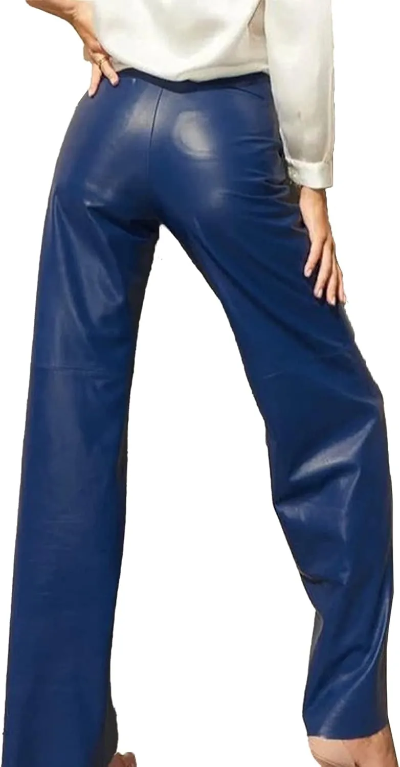 ECDAHICC Women's Faux Leather Pants High Waist Straight Wide Leg PU Legging Casual Solid Color Trousers with Pockets