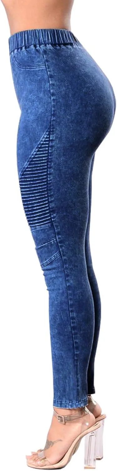 ECDAHICC Womens High Elastic Waist Demin Pants Pull On Skinny Ruched Legging Jeans Butt Lifting Slim Pencil Trousers