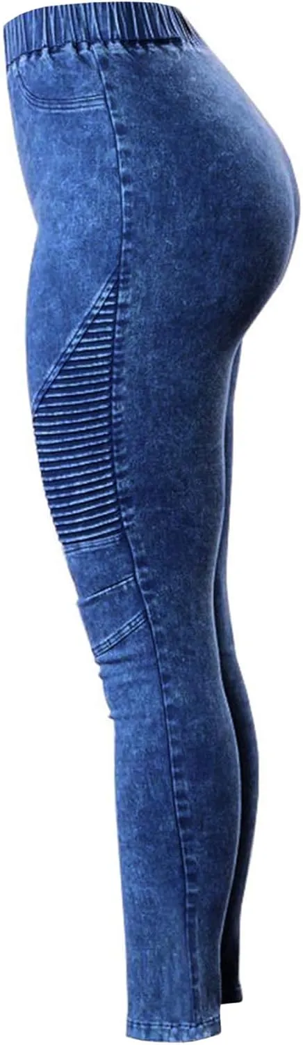 ECDAHICC Womens High Elastic Waist Demin Pants Pull On Skinny Ruched Legging Jeans Butt Lifting Slim Pencil Trousers