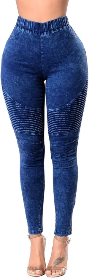 ECDAHICC Womens High Elastic Waist Demin Pants Pull On Skinny Ruched Legging Jeans Butt Lifting Slim Pencil Trousers