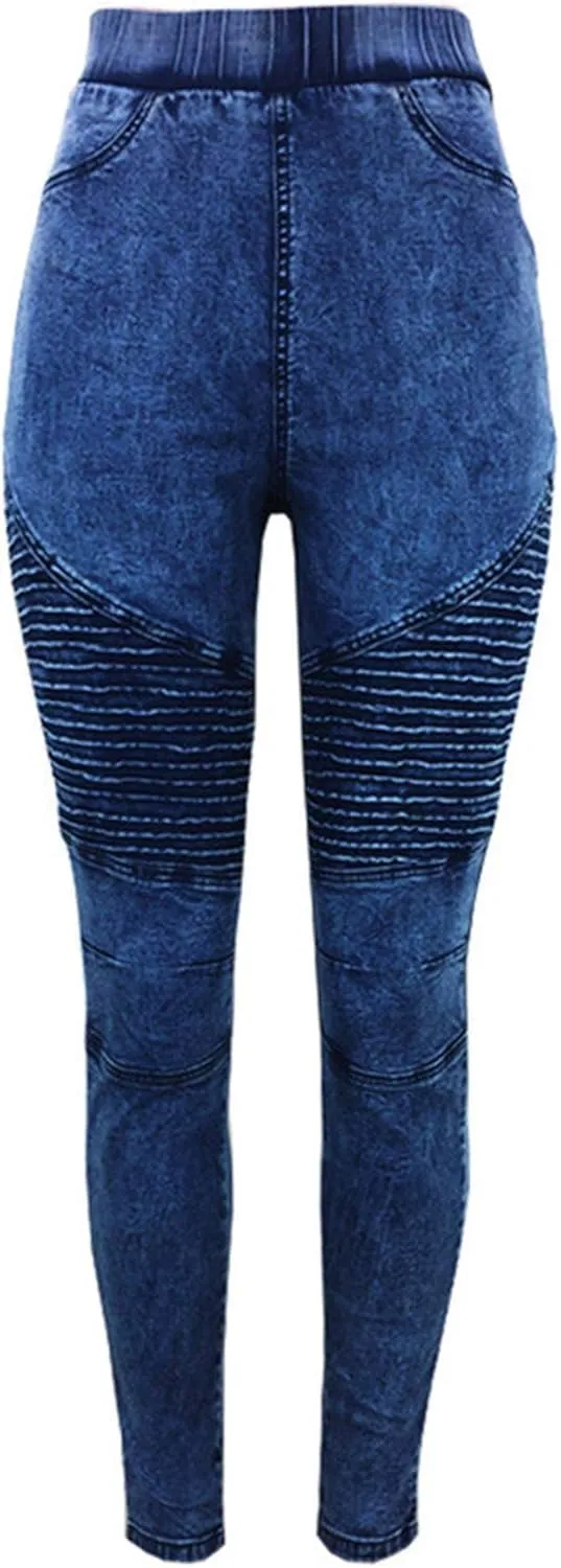 ECDAHICC Womens High Elastic Waist Demin Pants Pull On Skinny Ruched Legging Jeans Butt Lifting Slim Pencil Trousers