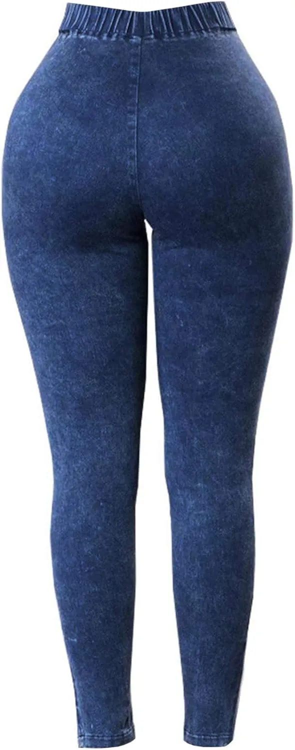 ECDAHICC Womens High Elastic Waist Demin Pants Pull On Skinny Ruched Legging Jeans Butt Lifting Slim Pencil Trousers