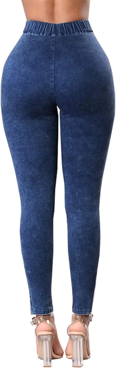 ECDAHICC Womens High Elastic Waist Demin Pants Pull On Skinny Ruched Legging Jeans Butt Lifting Slim Pencil Trousers