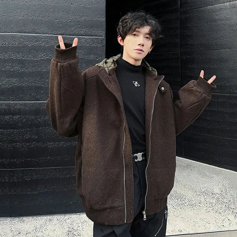 Fake Two Piece Spliced Men's Woolen Coats Hooded Plaid Korean Style Contrast Color Casual Male Jackets Trendy New 9C9280