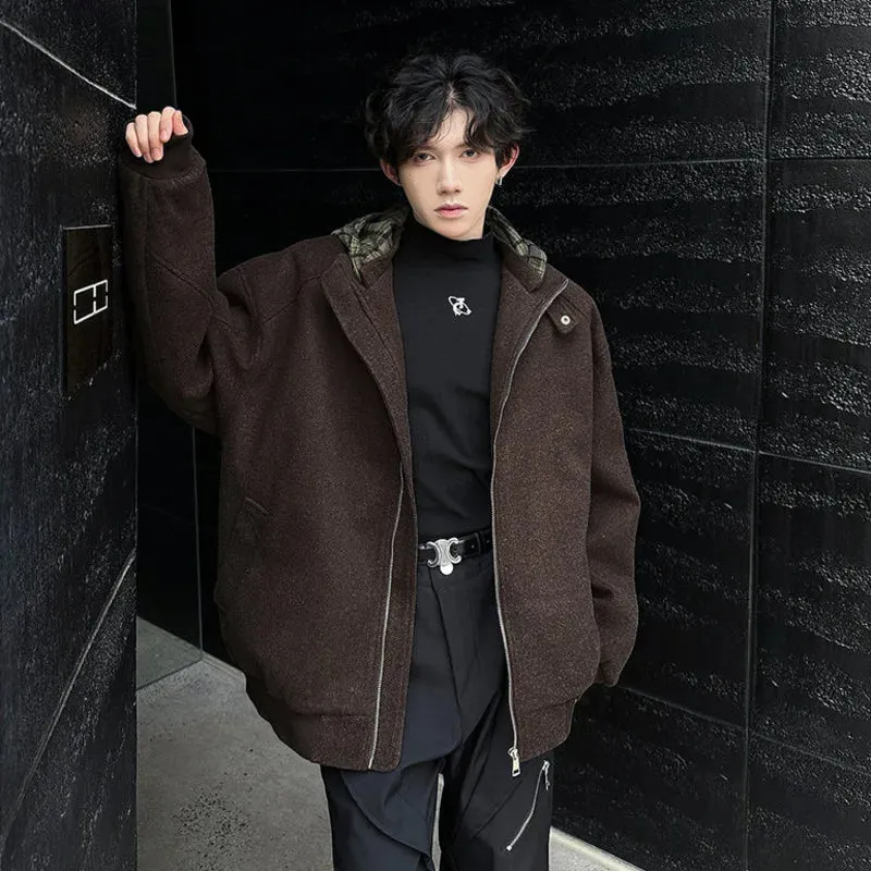 Fake Two Piece Spliced Men's Woolen Coats Hooded Plaid Korean Style Contrast Color Casual Male Jackets Trendy New 9C9280