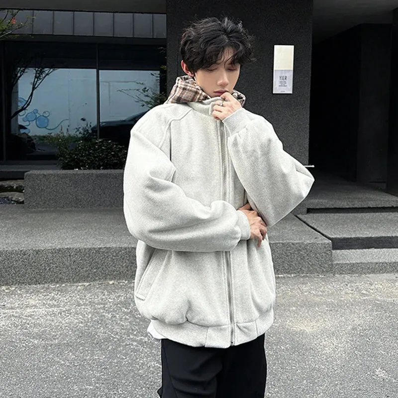 Fake Two Piece Spliced Men's Woolen Coats Hooded Plaid Korean Style Contrast Color Casual Male Jackets Trendy New 9C9280
