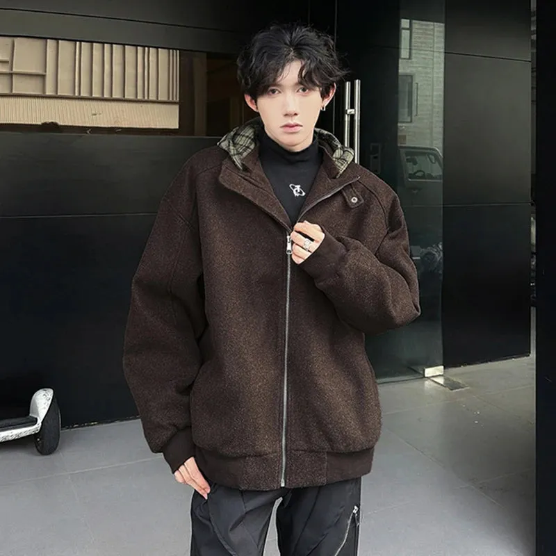 Fake Two Piece Spliced Men's Woolen Coats Hooded Plaid Korean Style Contrast Color Casual Male Jackets Trendy New 9C9280