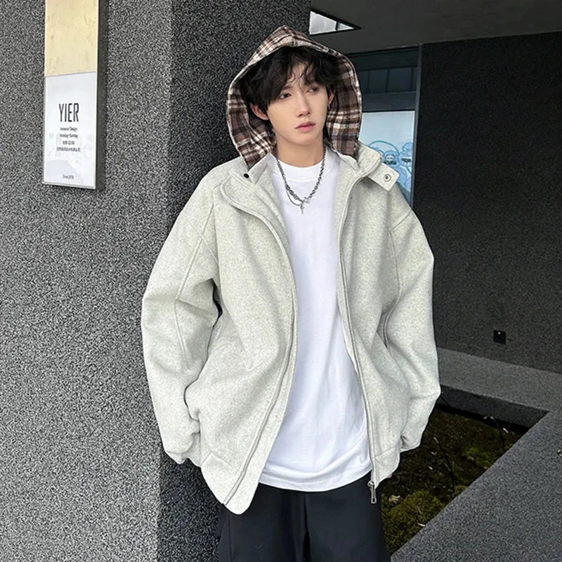 Fake Two Piece Spliced Men's Woolen Coats Hooded Plaid Korean Style Contrast Color Casual Male Jackets Trendy New 9C9280