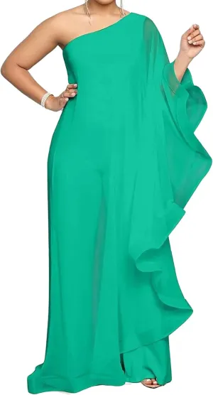 Famnbro Women's Ruffle Mesh Sleeve One Shoulder Jumpsuit Asymmetrical Hem Wide Leg Jumpsuits Rompers