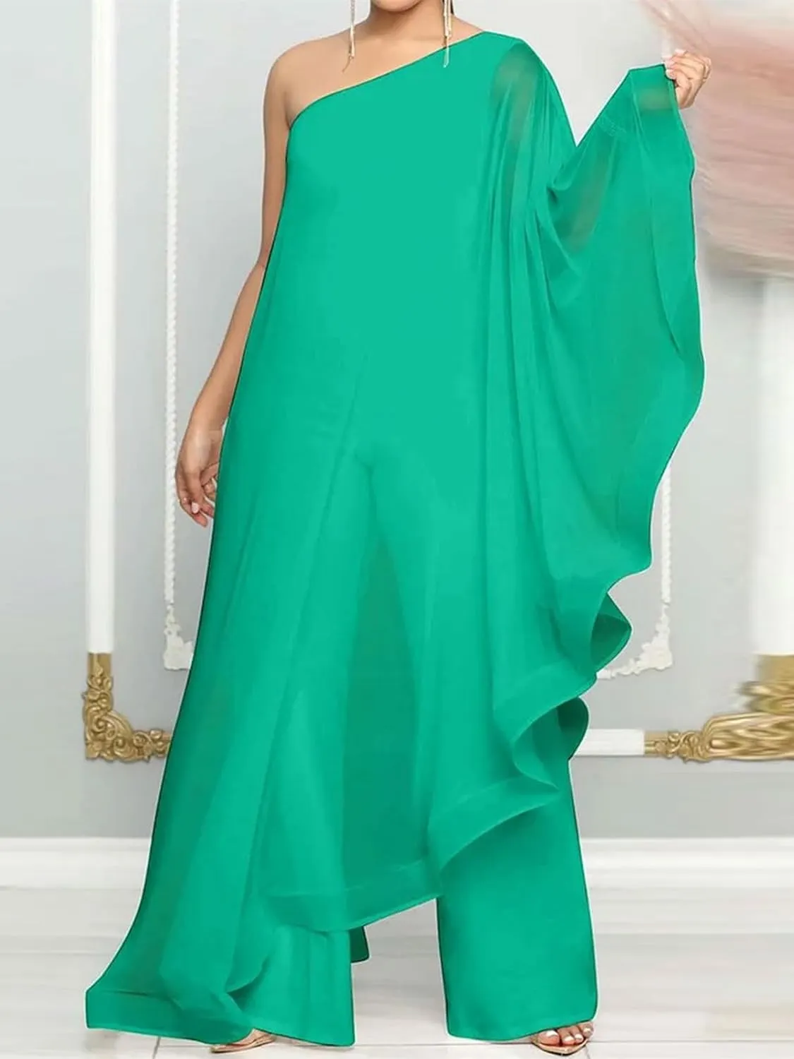 Famnbro Women's Ruffle Mesh Sleeve One Shoulder Jumpsuit Asymmetrical Hem Wide Leg Jumpsuits Rompers