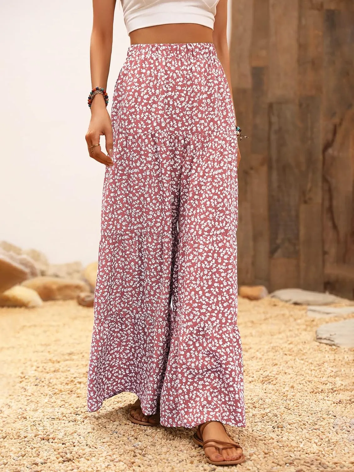 Floerns Women's Floral Print High Waist Beach Wide Leg Palazzo Pants