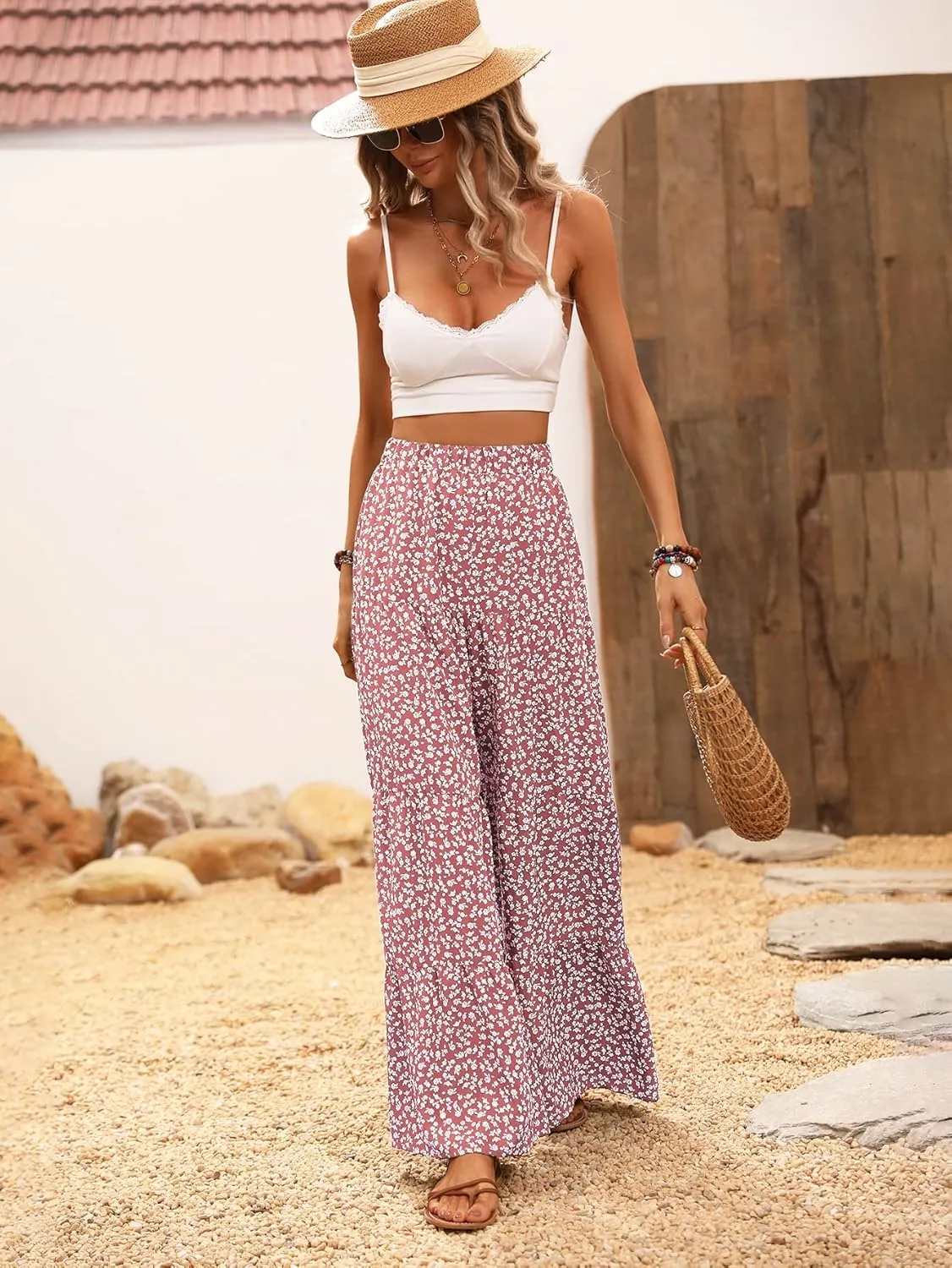Floerns Women's Floral Print High Waist Beach Wide Leg Palazzo Pants