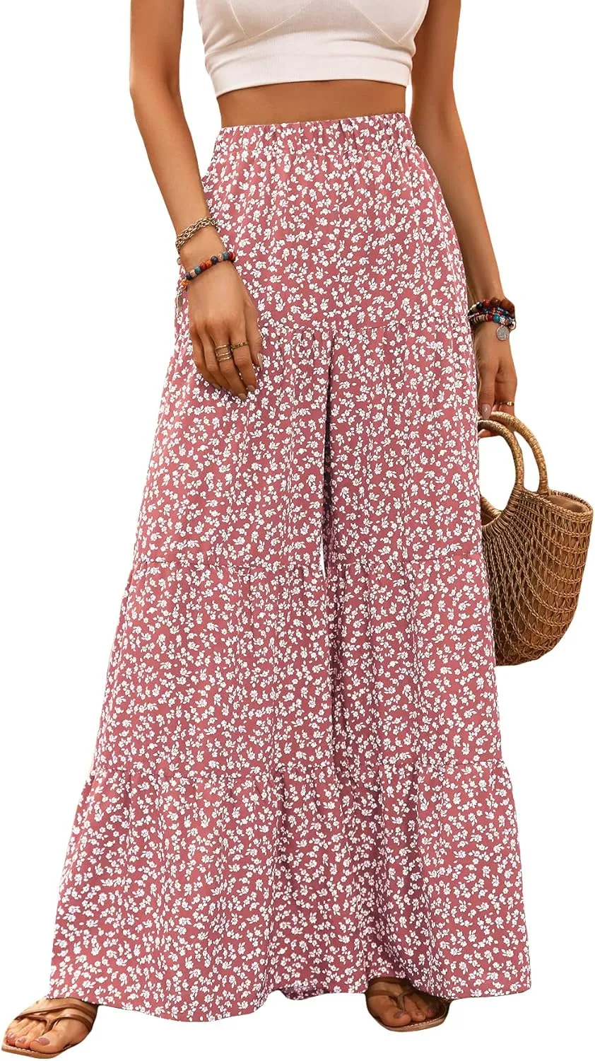 Floerns Women's Floral Print High Waist Beach Wide Leg Palazzo Pants