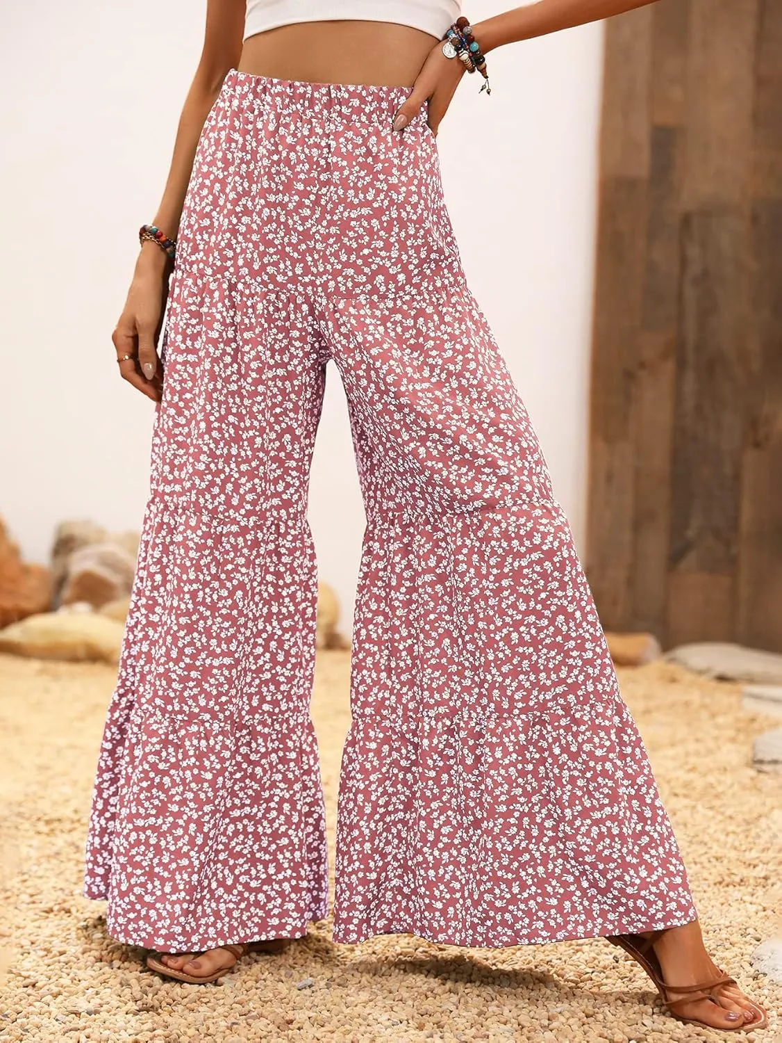 Floerns Women's Floral Print High Waist Beach Wide Leg Palazzo Pants