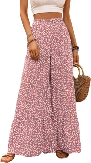 Floerns Women's Floral Print High Waist Beach Wide Leg Palazzo Pants