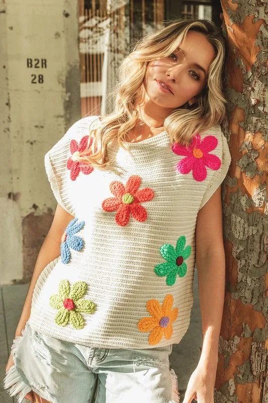 Flower Patch Crochet Floral Embroidered  Knit Top