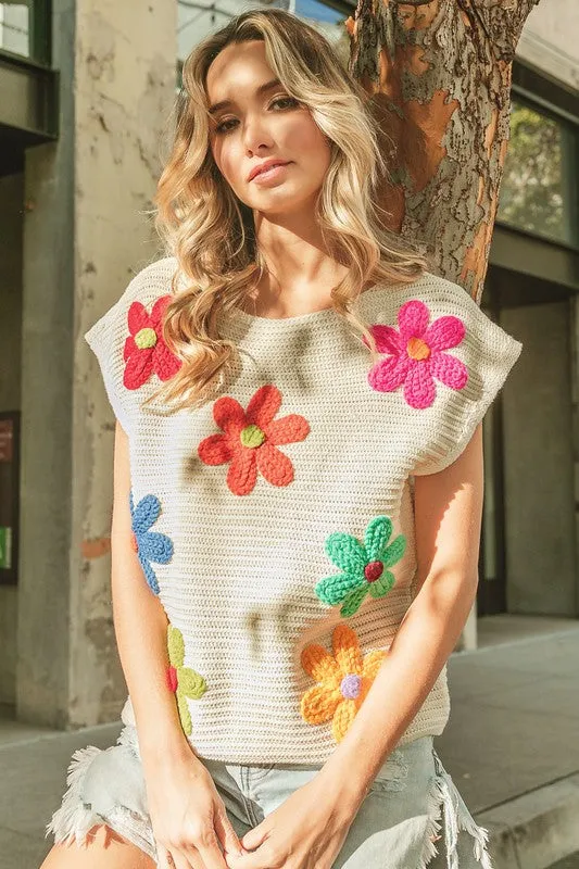 Flower Patch Crochet Floral Embroidered  Knit Top