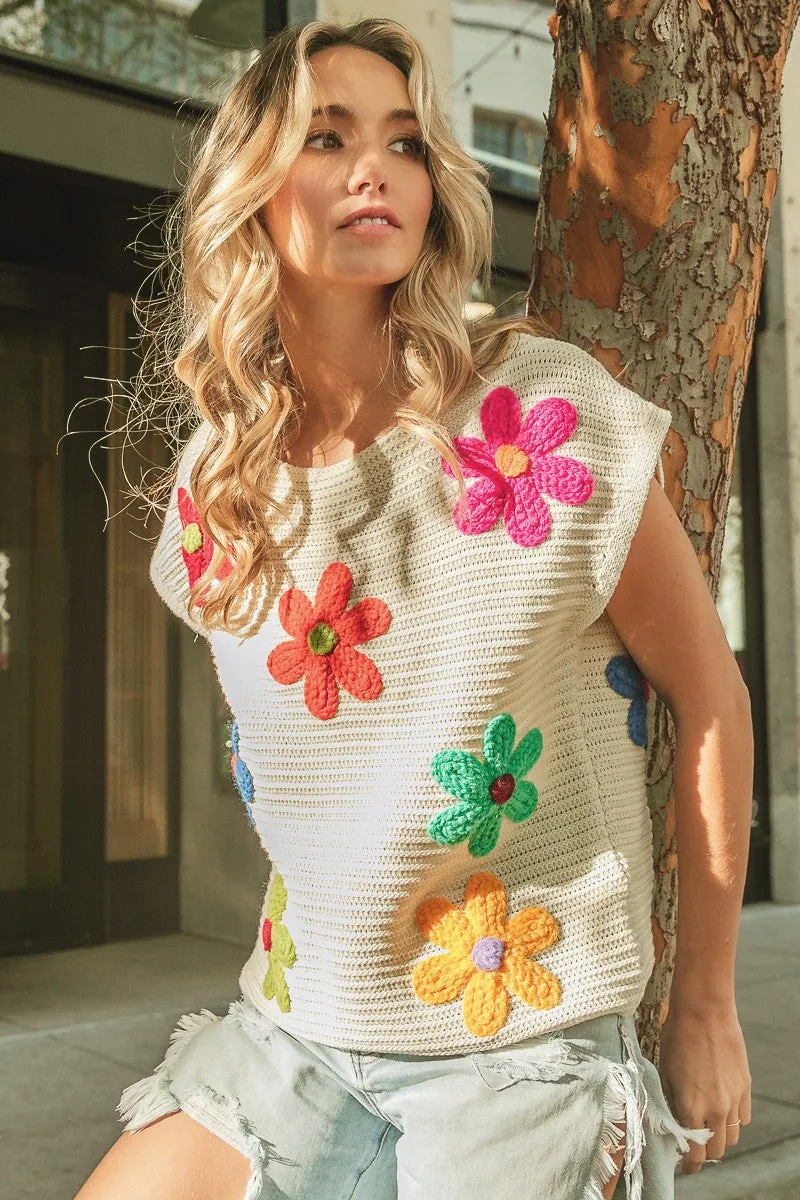 Flower Patch Crochet Floral Embroidered  Knit Top