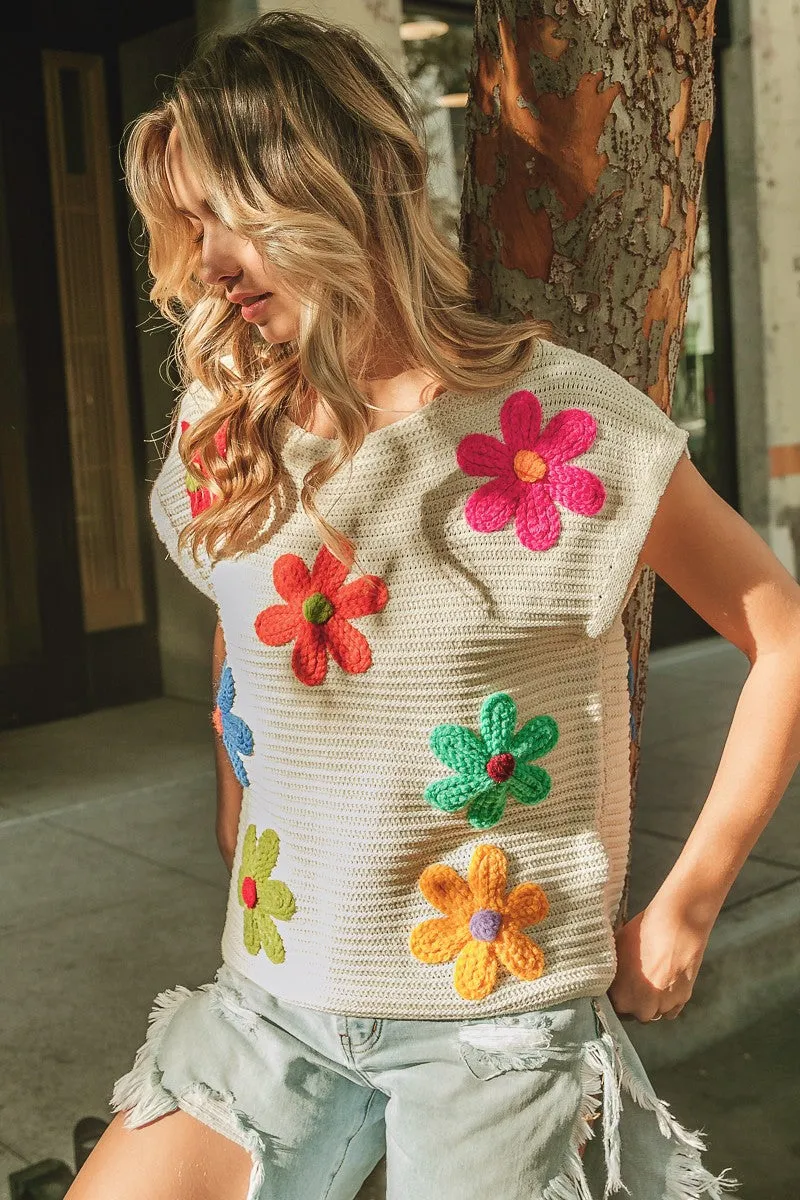 Flower Patch Crochet Floral Embroidered  Knit Top