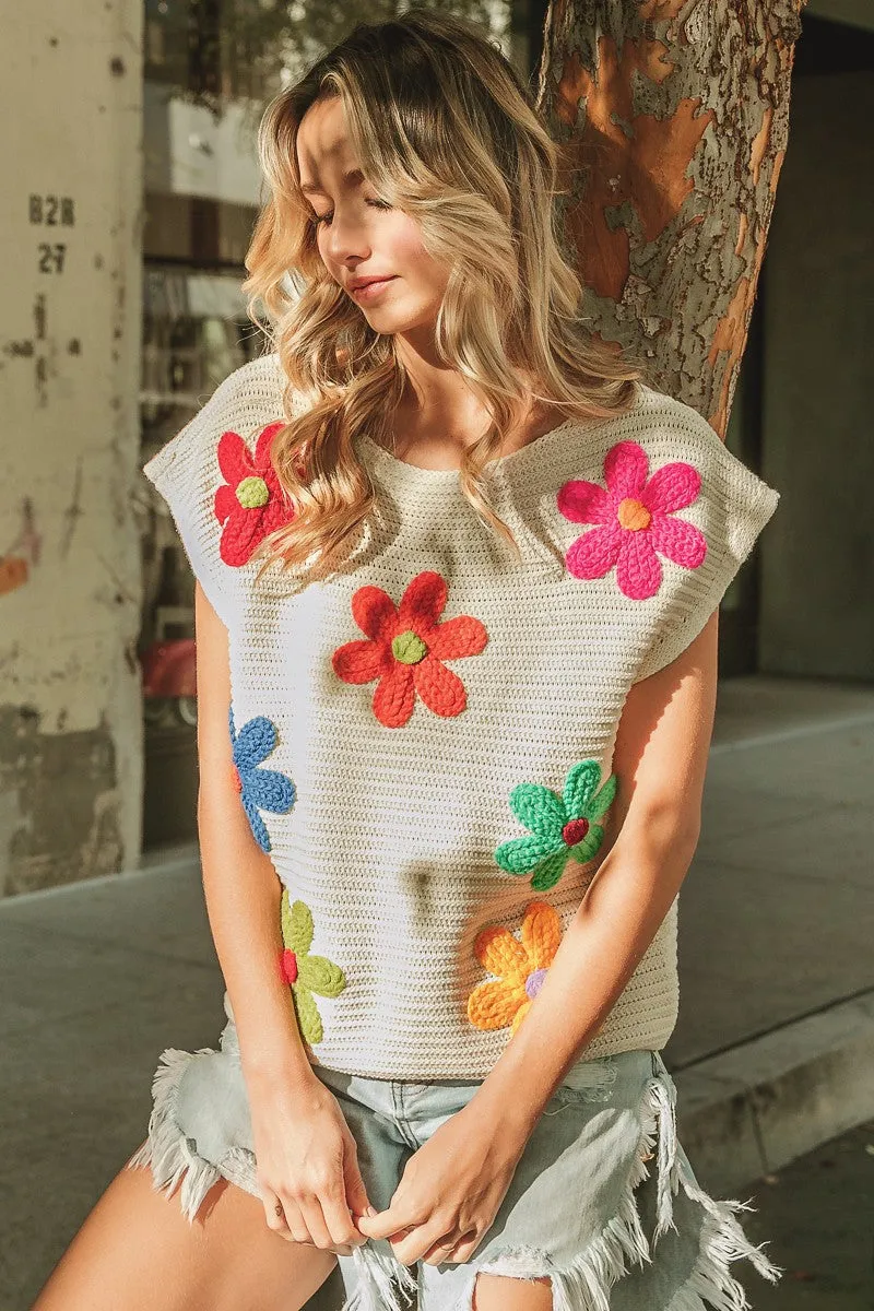 Flower Patch Crochet Floral Embroidered  Knit Top
