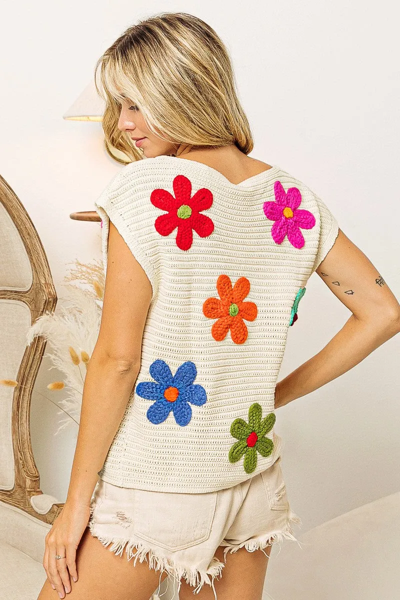 Flower Patch Crochet Floral Embroidered  Knit Top
