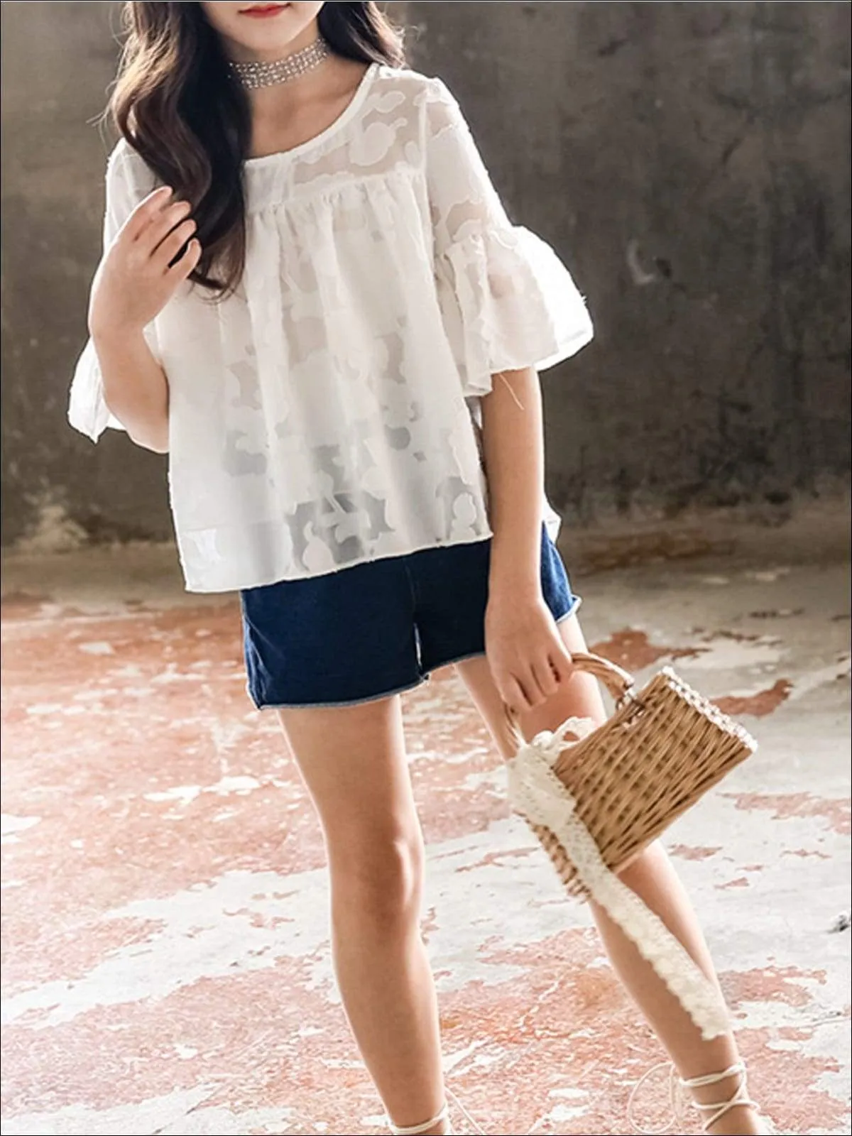 Girls Chiffon Flare Sleeve Hi-Low Top & Denim Shorts Set