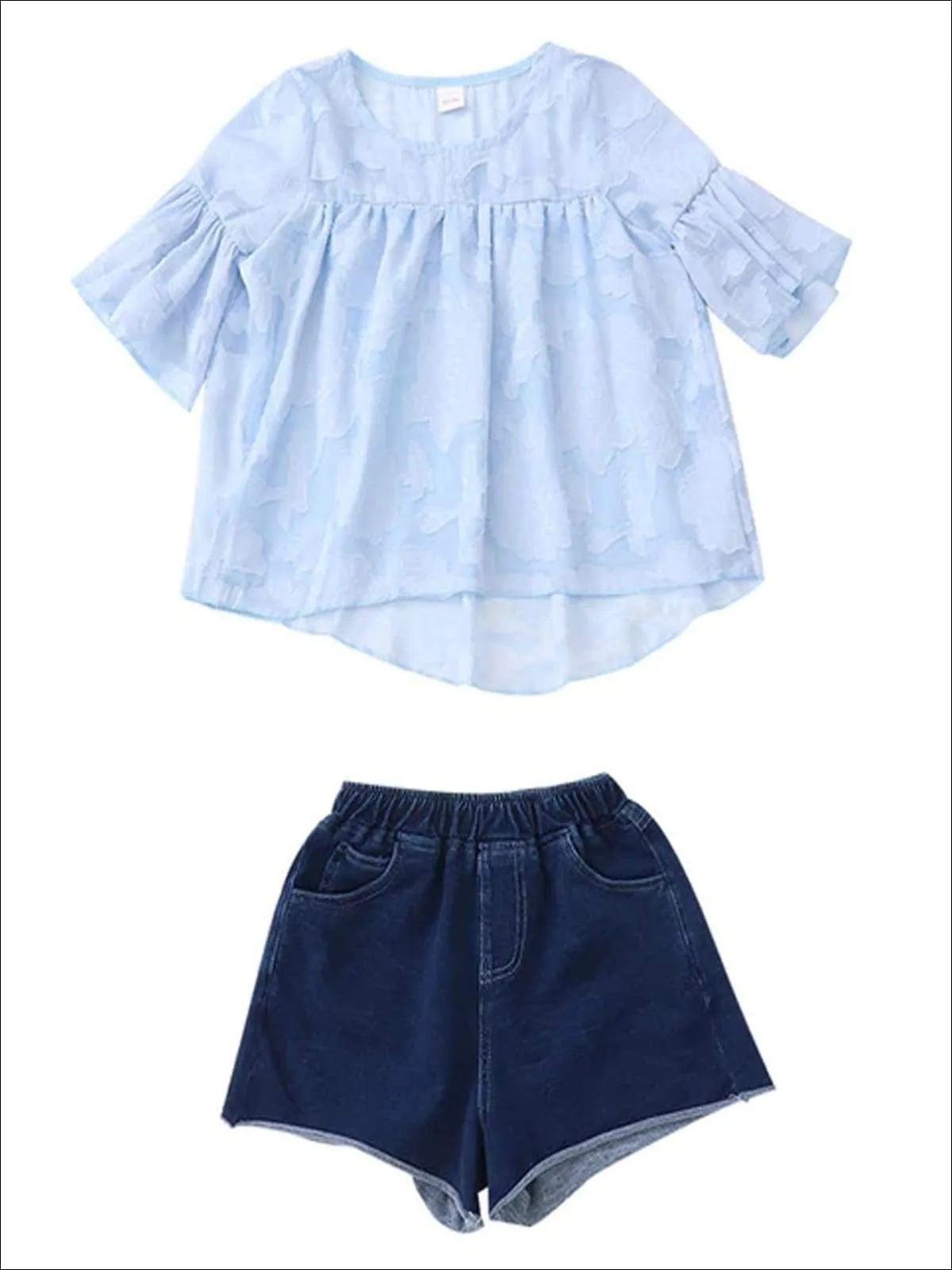 Girls Chiffon Flare Sleeve Hi-Low Top & Denim Shorts Set