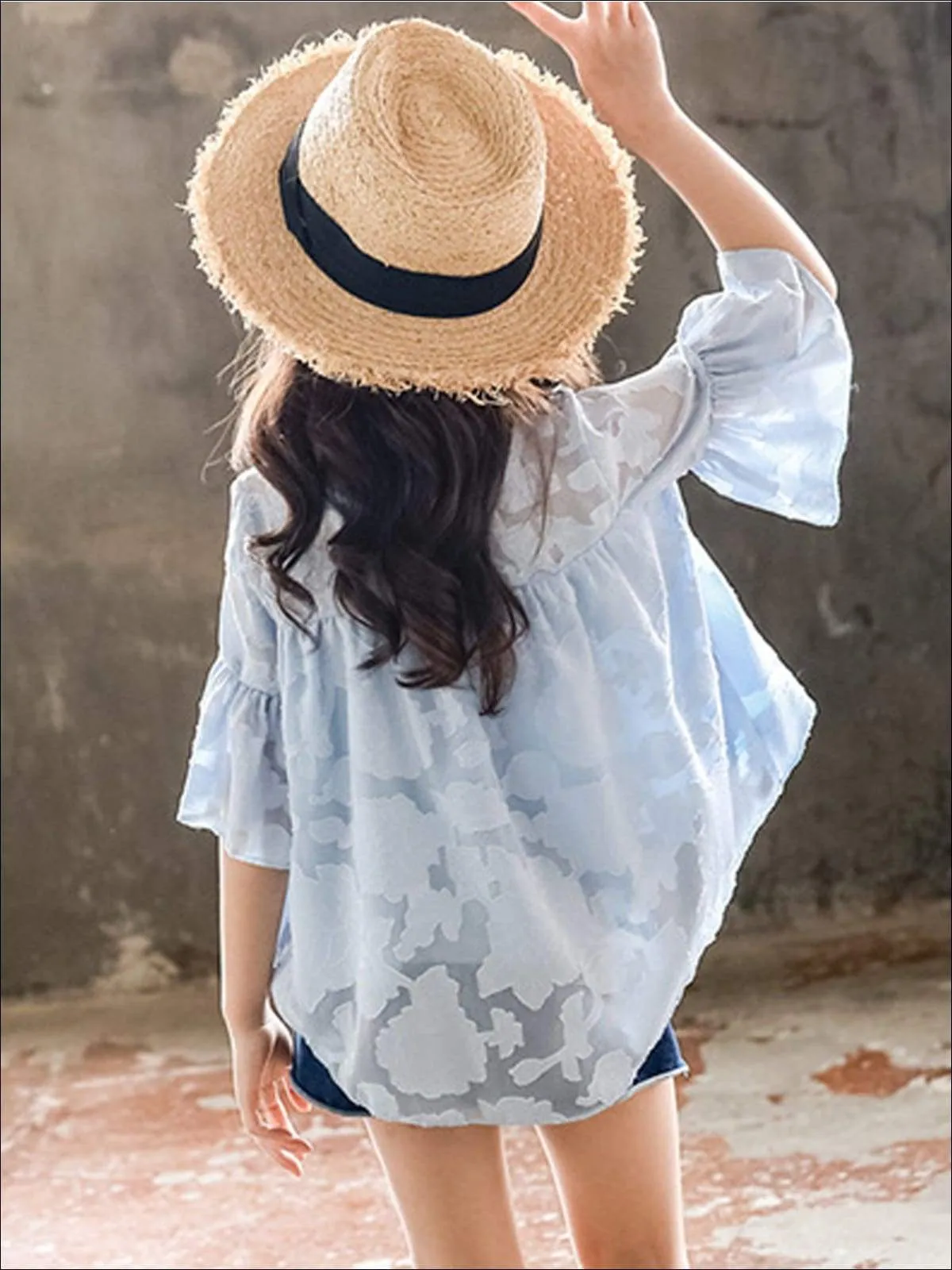 Girls Chiffon Flare Sleeve Hi-Low Top & Denim Shorts Set