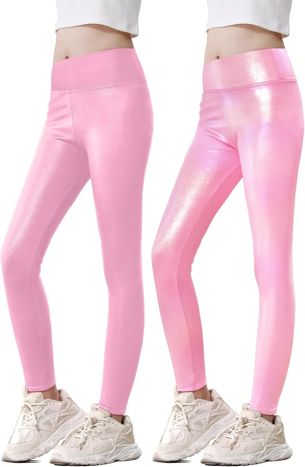 Girls Metallic Leggings High Waisted Sparkly Yoga Pants Shiny Running Dance Tights for Kids Youth Teen, 2 Pack