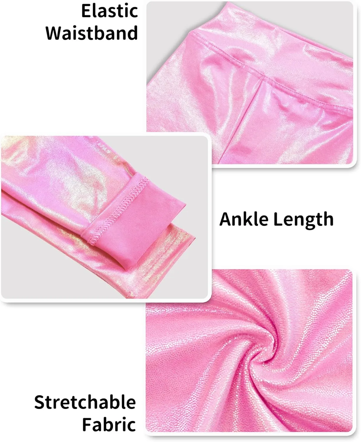 Girls Metallic Leggings High Waisted Sparkly Yoga Pants Shiny Running Dance Tights for Kids Youth Teen, 2 Pack