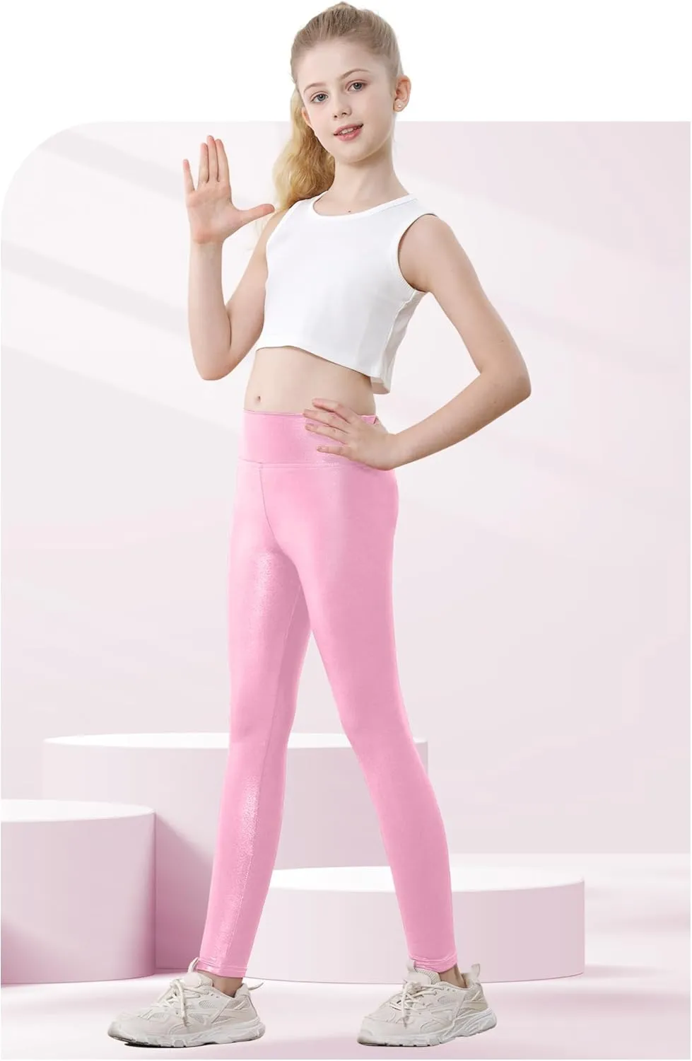 Girls Metallic Leggings High Waisted Sparkly Yoga Pants Shiny Running Dance Tights for Kids Youth Teen, 2 Pack