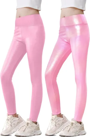Girls Metallic Leggings High Waisted Sparkly Yoga Pants Shiny Running Dance Tights for Kids Youth Teen, 2 Pack