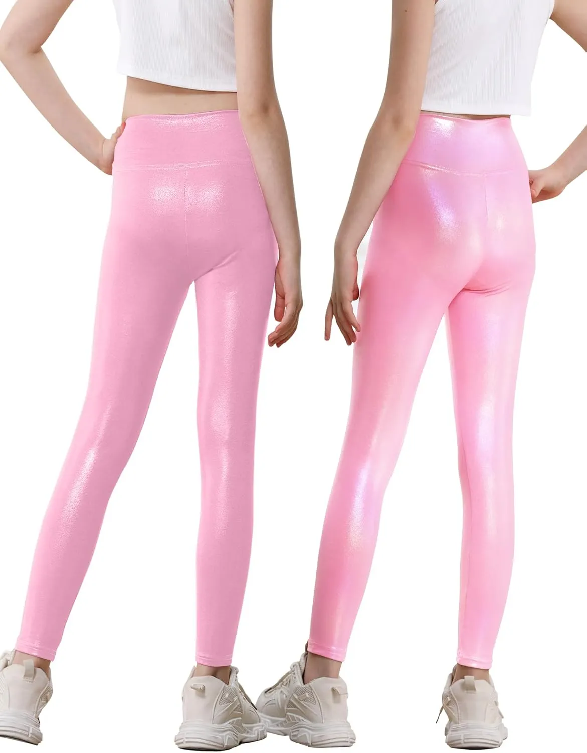 Girls Metallic Leggings High Waisted Sparkly Yoga Pants Shiny Running Dance Tights for Kids Youth Teen, 2 Pack
