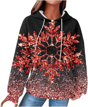 Glitter Snowflake Hoodie for Women Sparkly Pullover Oversized Winter Graphic Hooded Sweatshirt Casual Zip Up Top