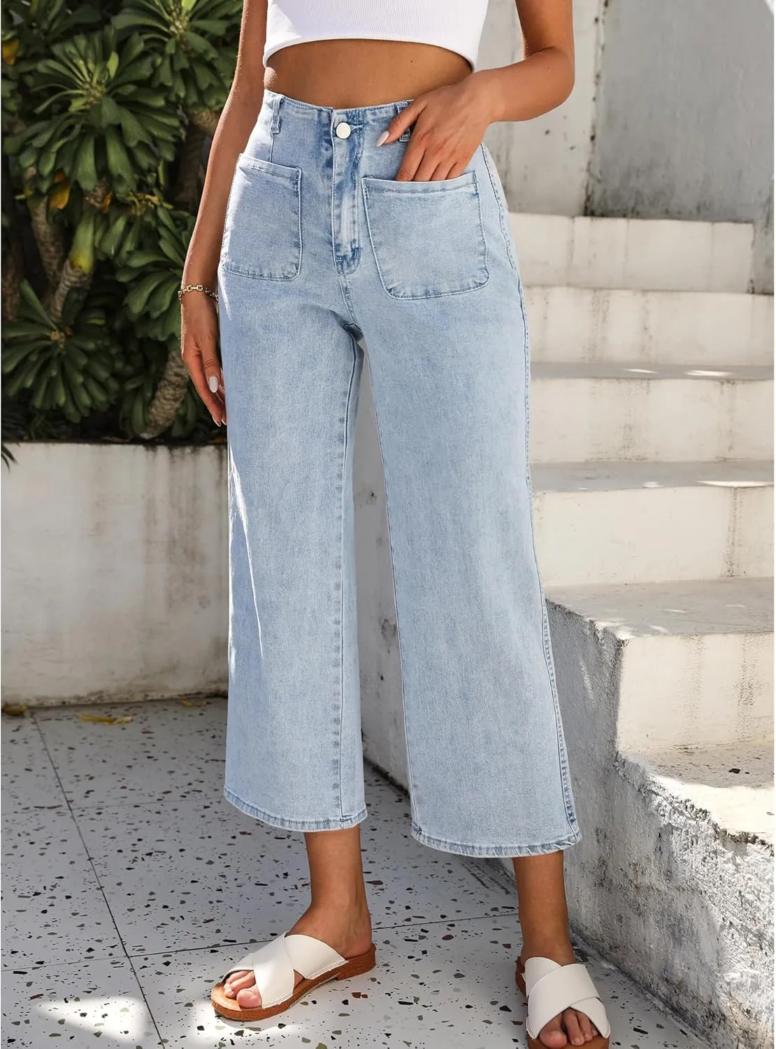 GRAPENT Wide Leg Jeans for Women High Waisted Straight Leg Stretchy Cropped Denim Pants with Pockets Jean Trousers