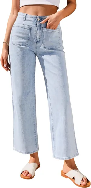 GRAPENT Wide Leg Jeans for Women High Waisted Straight Leg Stretchy Cropped Denim Pants with Pockets Jean Trousers