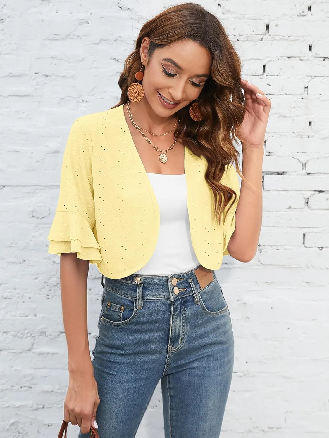 Heymoments Women's Summer Shrugs Ruffled Hem Open Front Crochet Lightweight Dressy Cardigan for Dresses