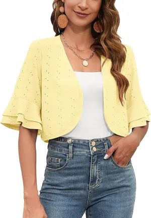 Heymoments Women's Summer Shrugs Ruffled Hem Open Front Crochet Lightweight Dressy Cardigan for Dresses
