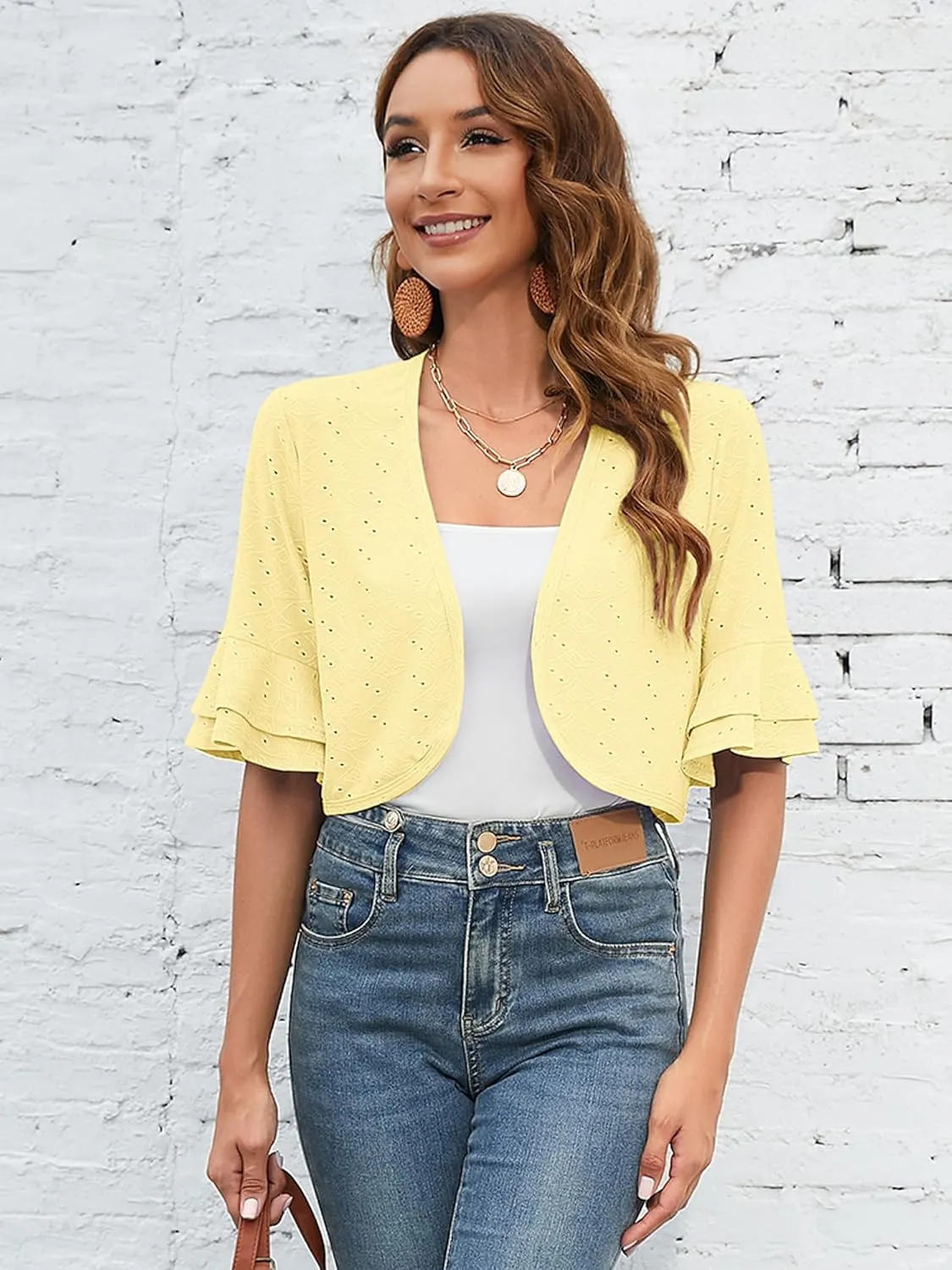 Heymoments Women's Summer Shrugs Ruffled Hem Open Front Crochet Lightweight Dressy Cardigan for Dresses