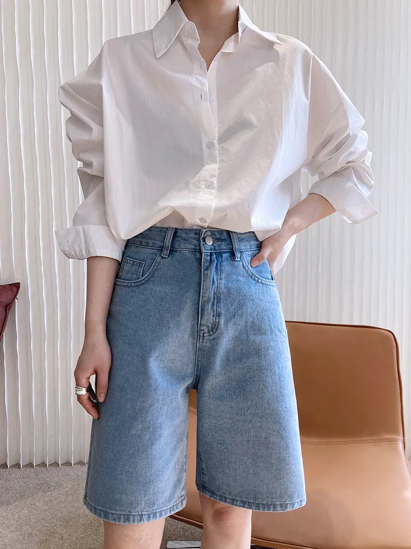 High waist leap denim shorts pants female summer straight tide insoluble pants