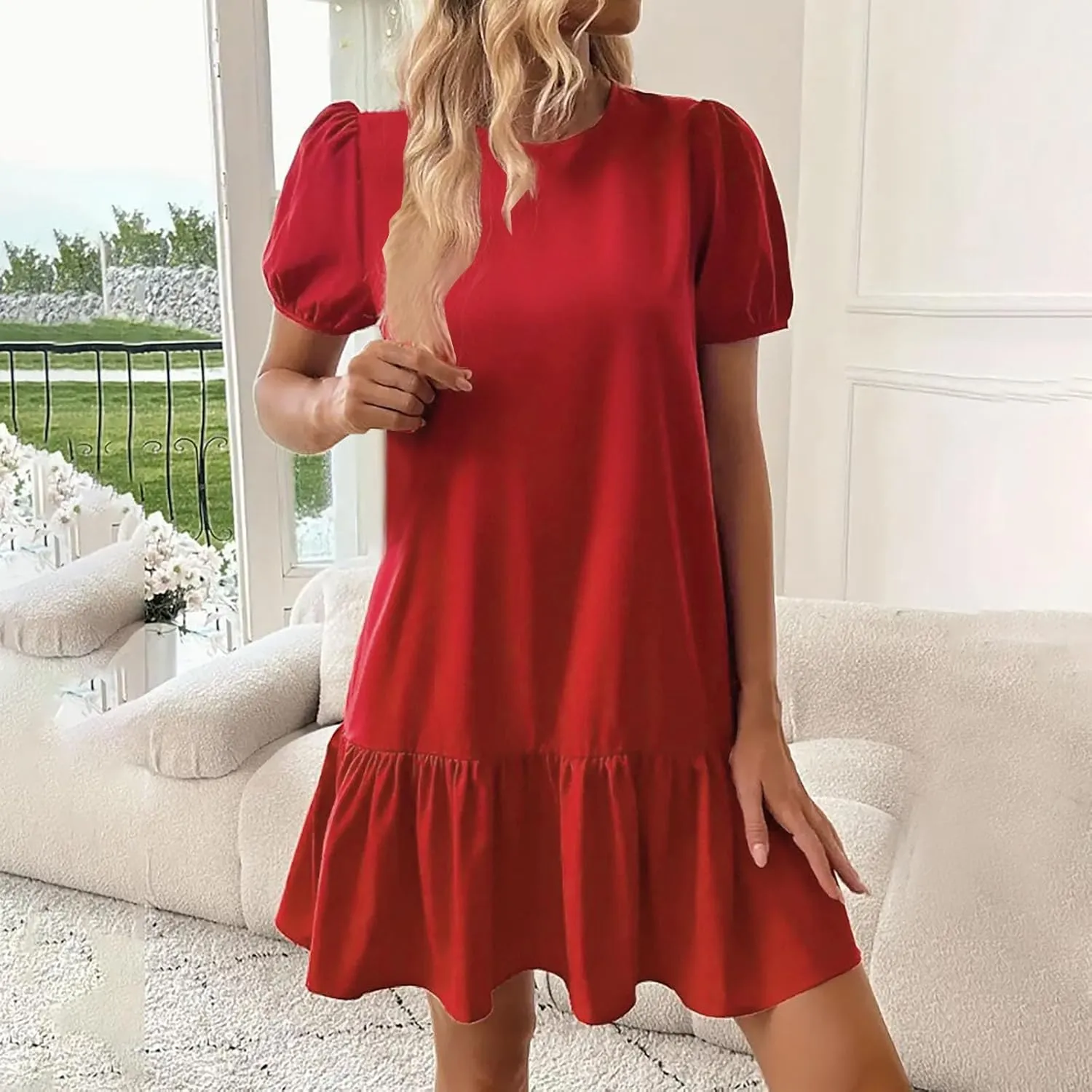 hlysgo Dress for Women 2025 Summer Casual Ruffled Hem Vacation Mini Dress Elegant Ladies Puff Sleeve Crew Neck Beach Dresses