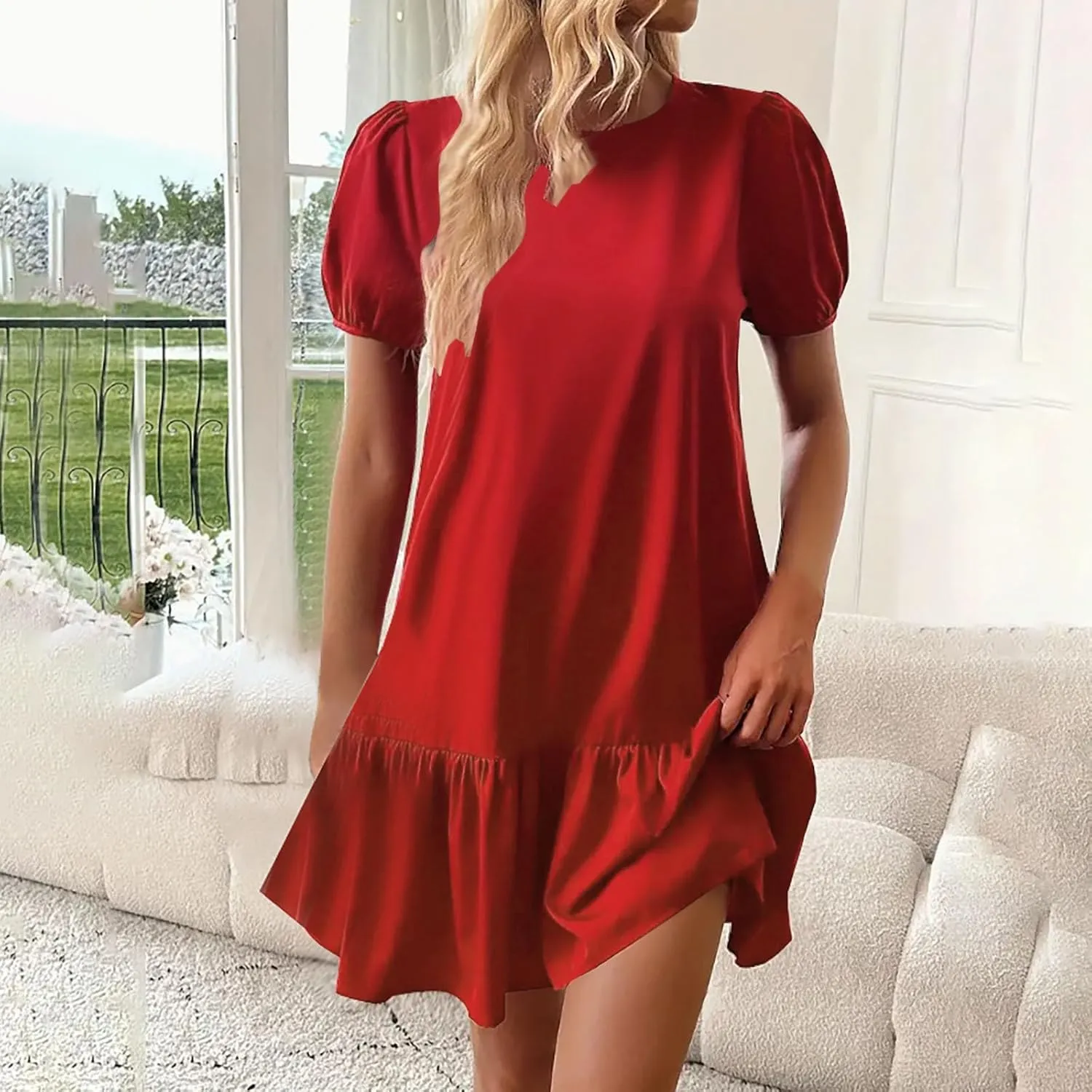 hlysgo Dress for Women 2025 Summer Casual Ruffled Hem Vacation Mini Dress Elegant Ladies Puff Sleeve Crew Neck Beach Dresses