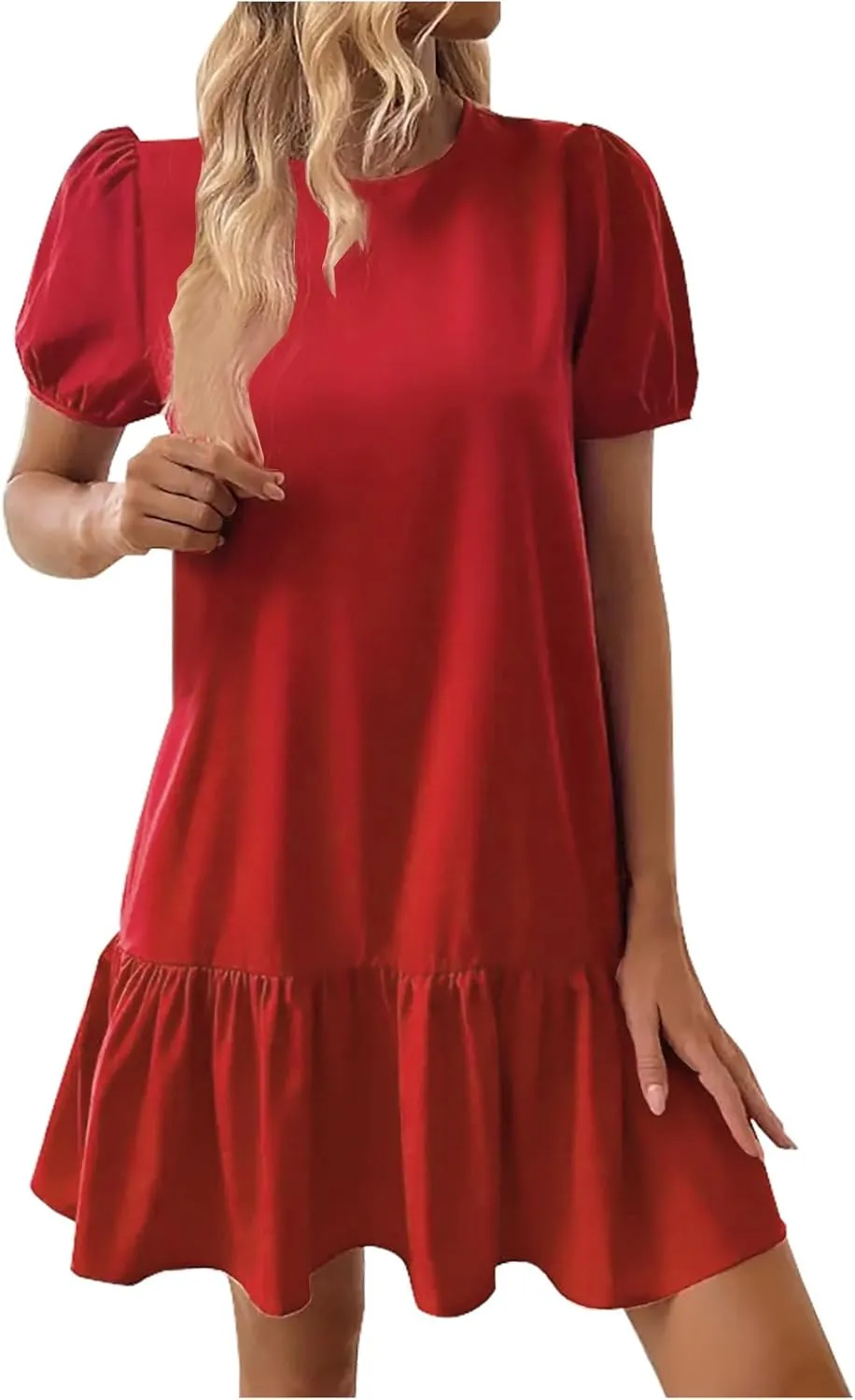 hlysgo Dress for Women 2025 Summer Casual Ruffled Hem Vacation Mini Dress Elegant Ladies Puff Sleeve Crew Neck Beach Dresses