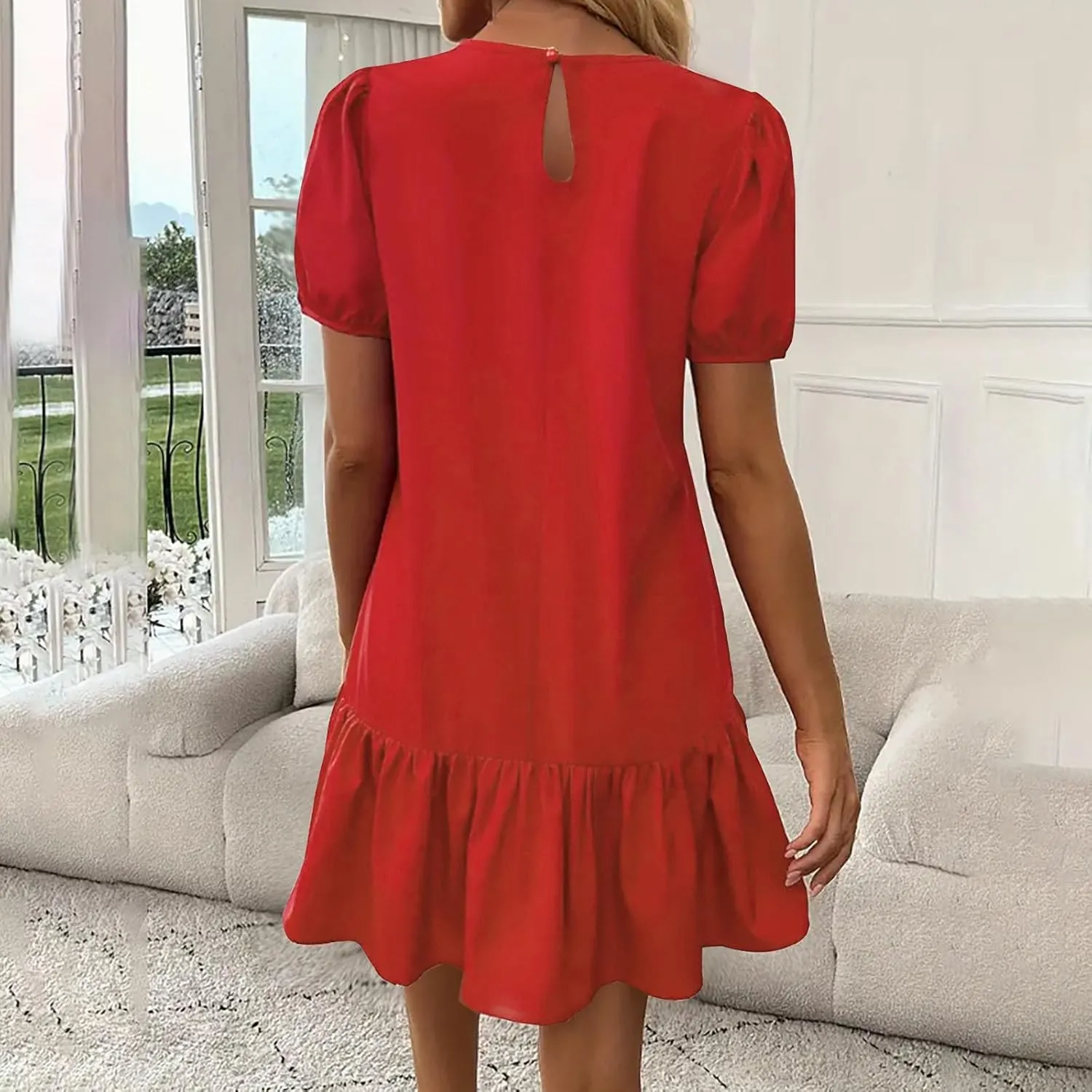 hlysgo Dress for Women 2025 Summer Casual Ruffled Hem Vacation Mini Dress Elegant Ladies Puff Sleeve Crew Neck Beach Dresses