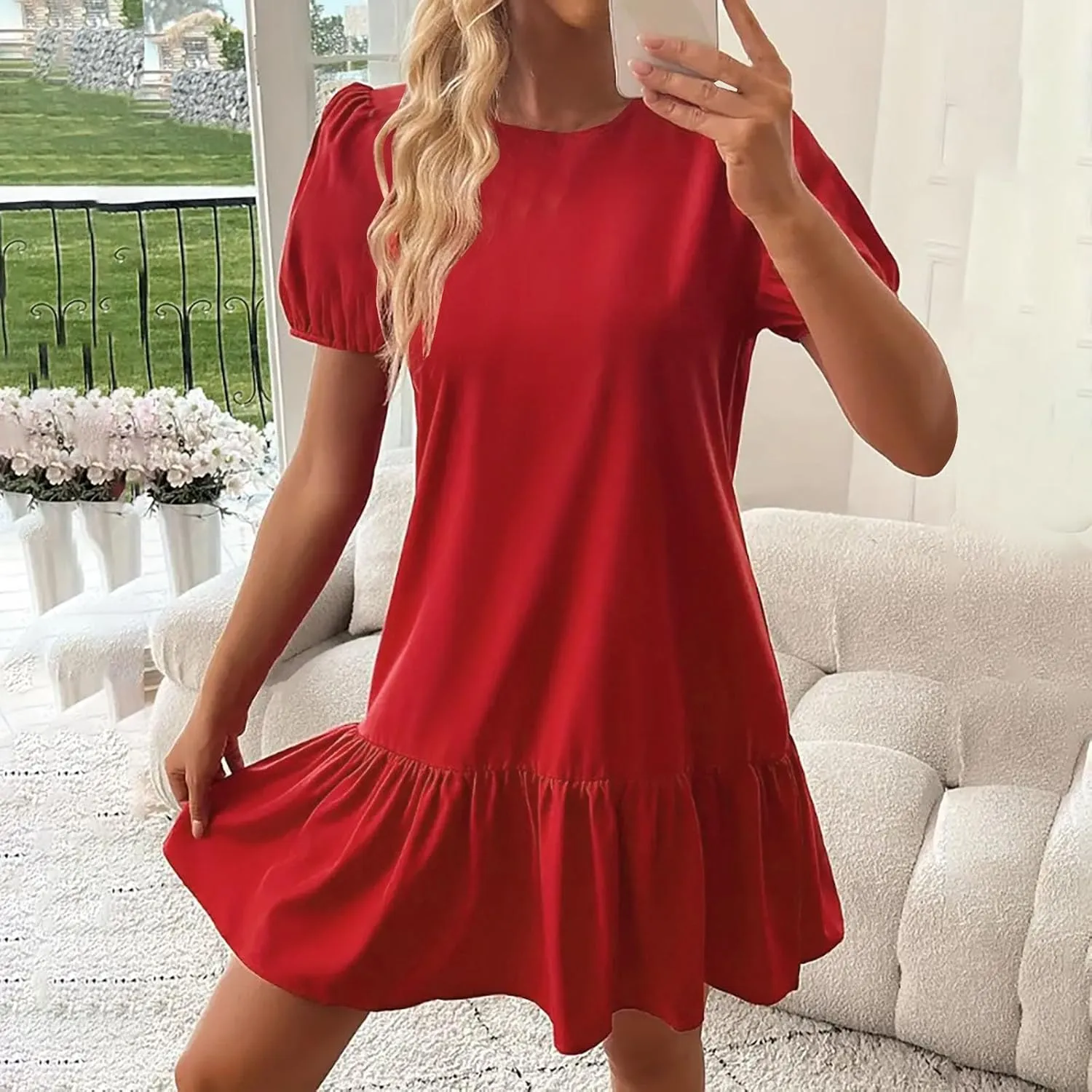 hlysgo Dress for Women 2025 Summer Casual Ruffled Hem Vacation Mini Dress Elegant Ladies Puff Sleeve Crew Neck Beach Dresses