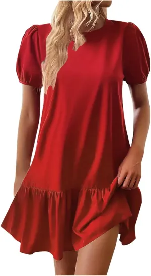 hlysgo Dress for Women 2025 Summer Casual Ruffled Hem Vacation Mini Dress Elegant Ladies Puff Sleeve Crew Neck Beach Dresses