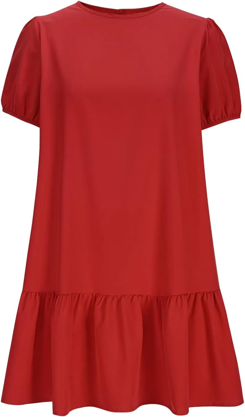 hlysgo Dress for Women 2025 Summer Casual Ruffled Hem Vacation Mini Dress Elegant Ladies Puff Sleeve Crew Neck Beach Dresses